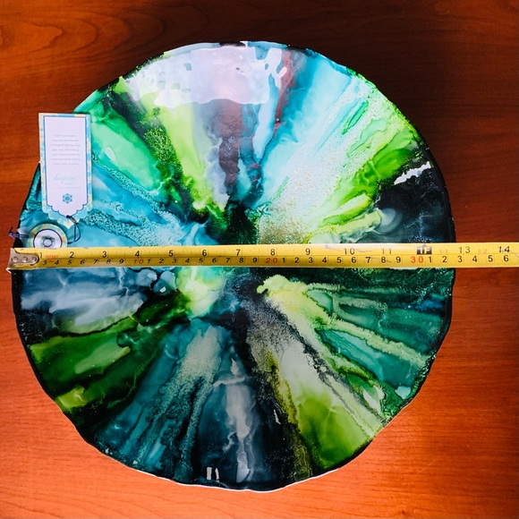 13” round colorful art glass deep serving bowl green blue gray silver paint back - Picture 5 of 5